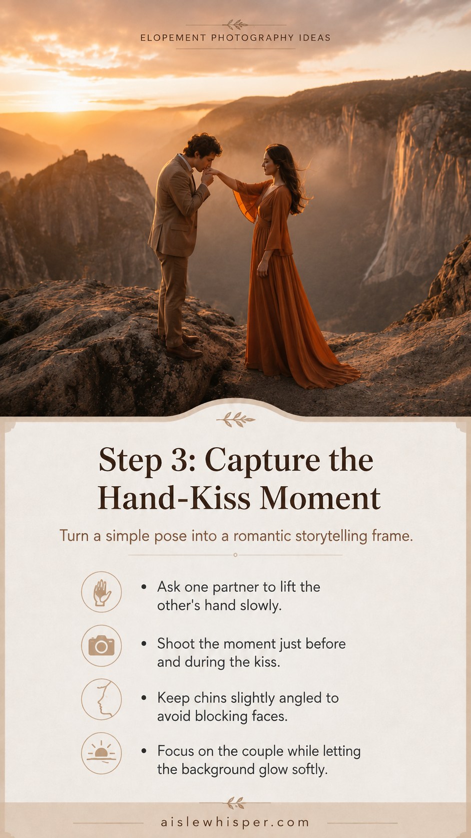 Romantic hand-kiss elopement photography idea captured just before contact with a soft canyon backdrop