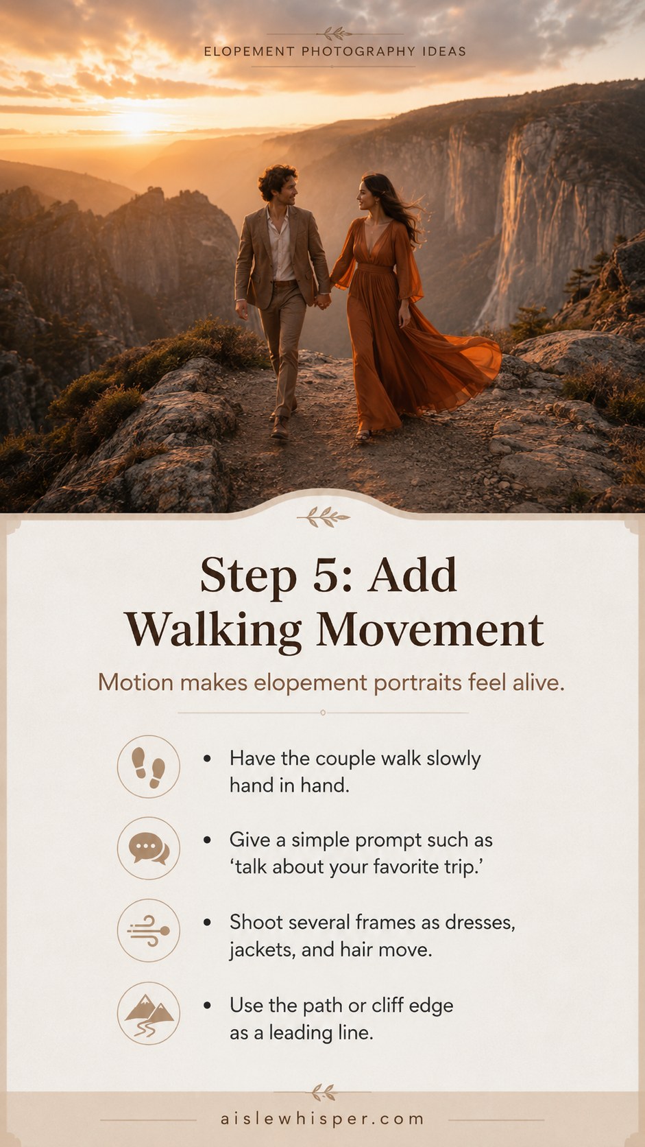 Walking movement elopement photography idea of a couple holding hands along a cliff-edge trail