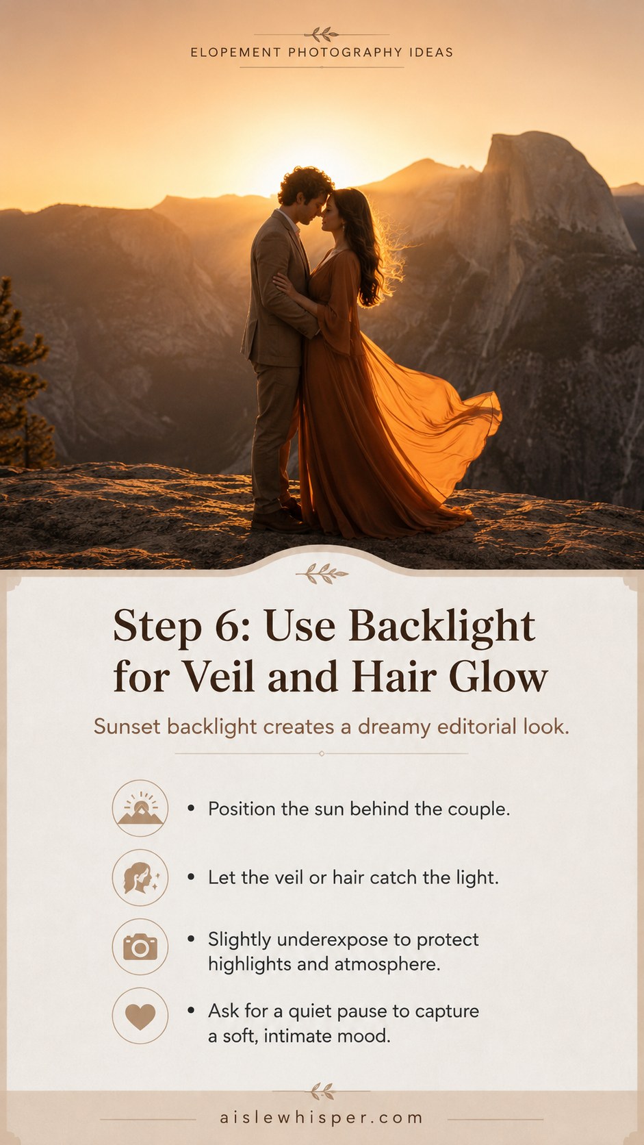 Backlit elopement photography idea showing sunset glow catching the couple's hair and dress near a mountain peak
