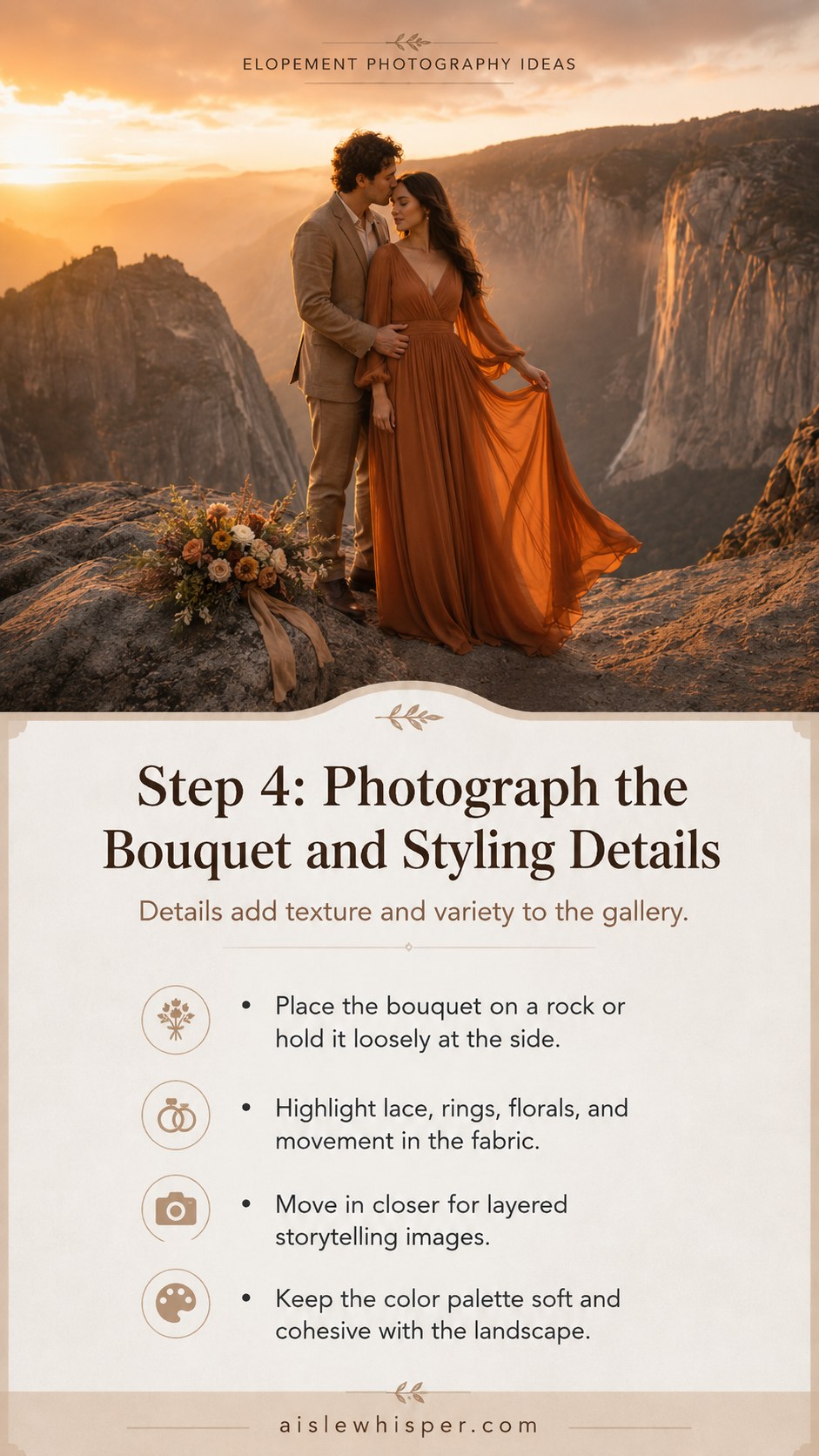 Styling detail shot for elopement photography ideas featuring a bouquet against a mountain vista