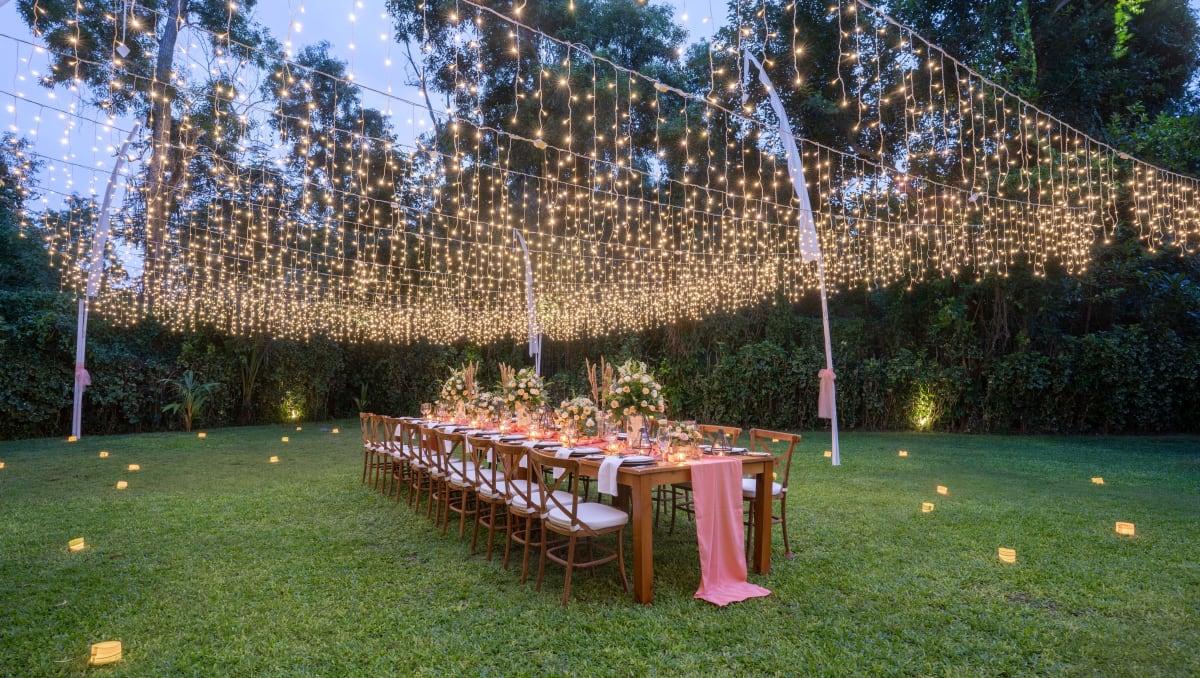 Fairy lights over garden party