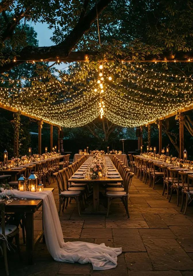 Fairy lights above garden wedding