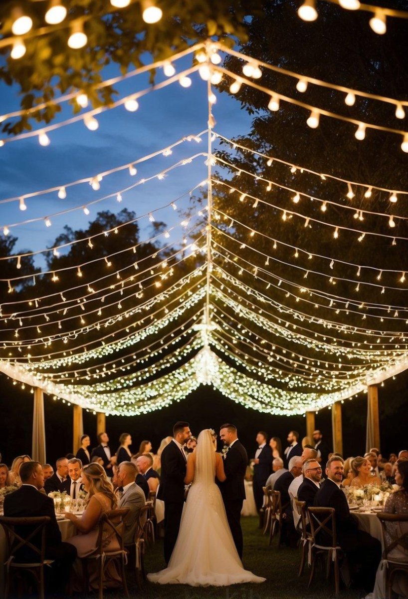 Fairy lights over backyard wedding reception