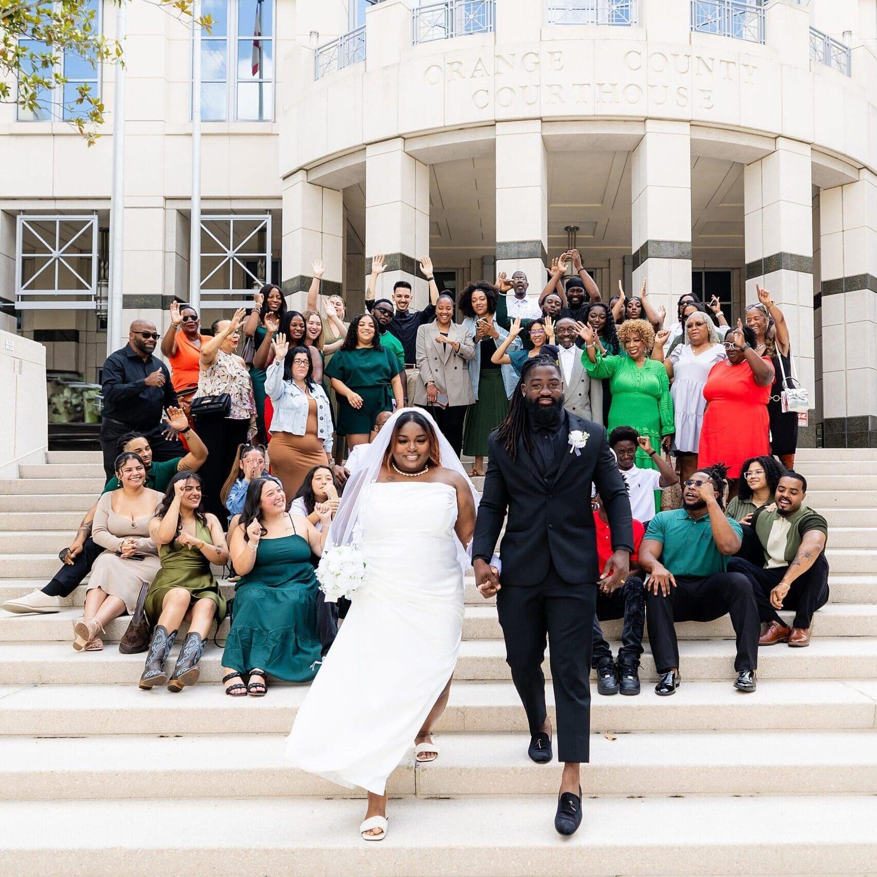 Family celebrating courthouse marriage