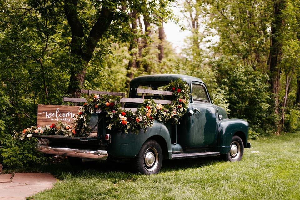 Vintage farm truck wedding decor