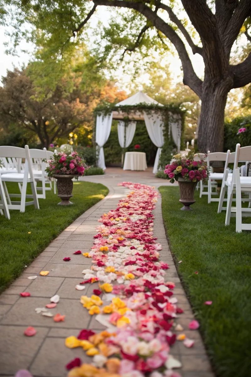 Flower petals lining backyard wedding aisle