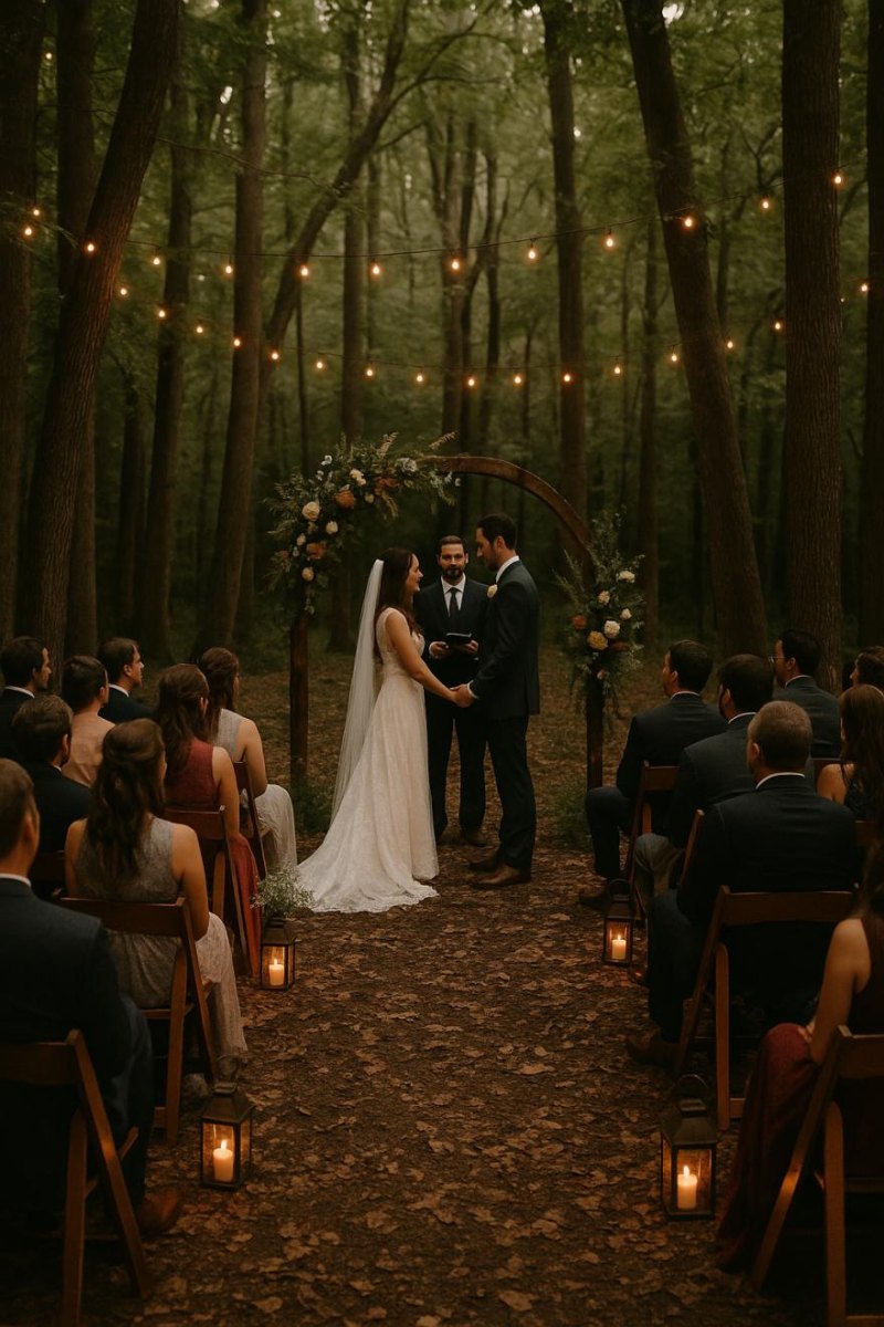 Forest wedding ceremony surrounded by trees