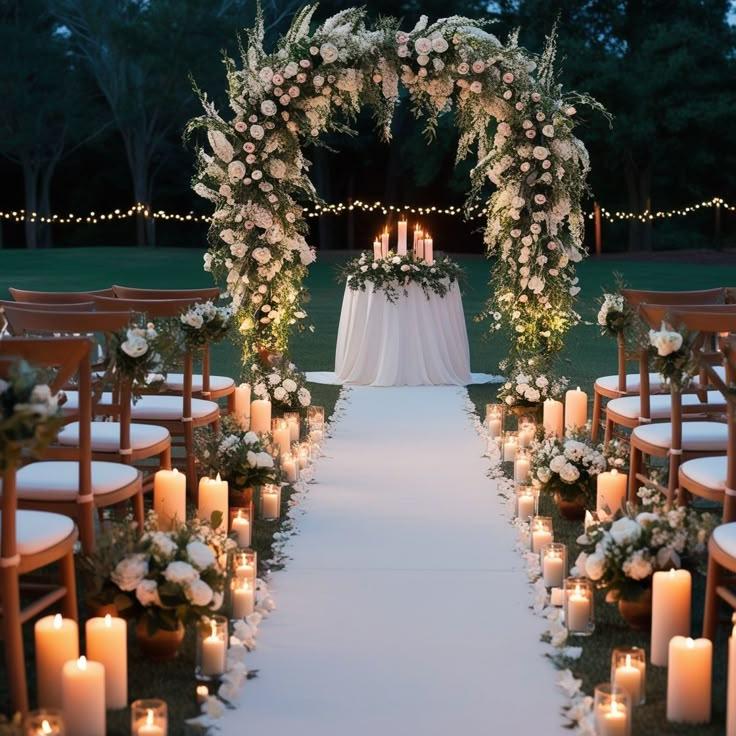 Floral decorated backyard wedding aisle