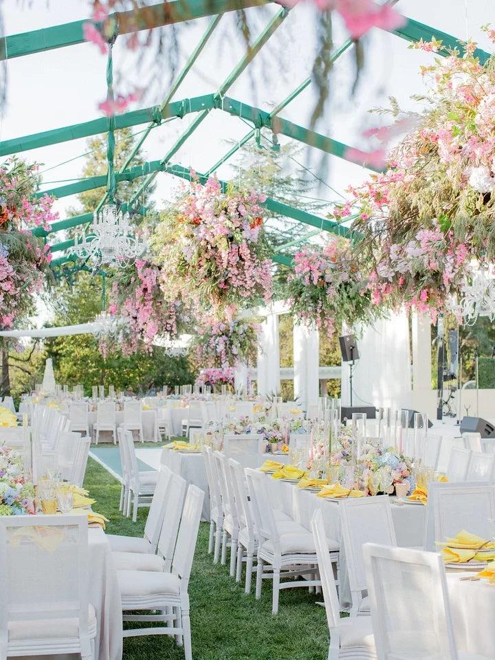 Hanging floral wedding installation overhead