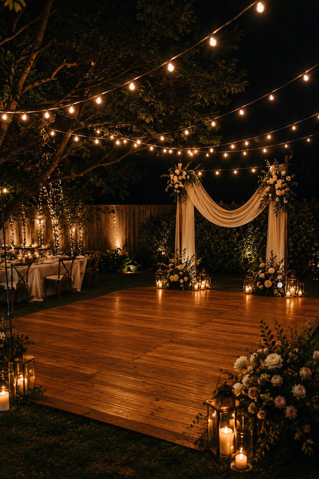 String lights and lanterns turn the ceremony aisle into the dance floor at this backyard wedding reception.