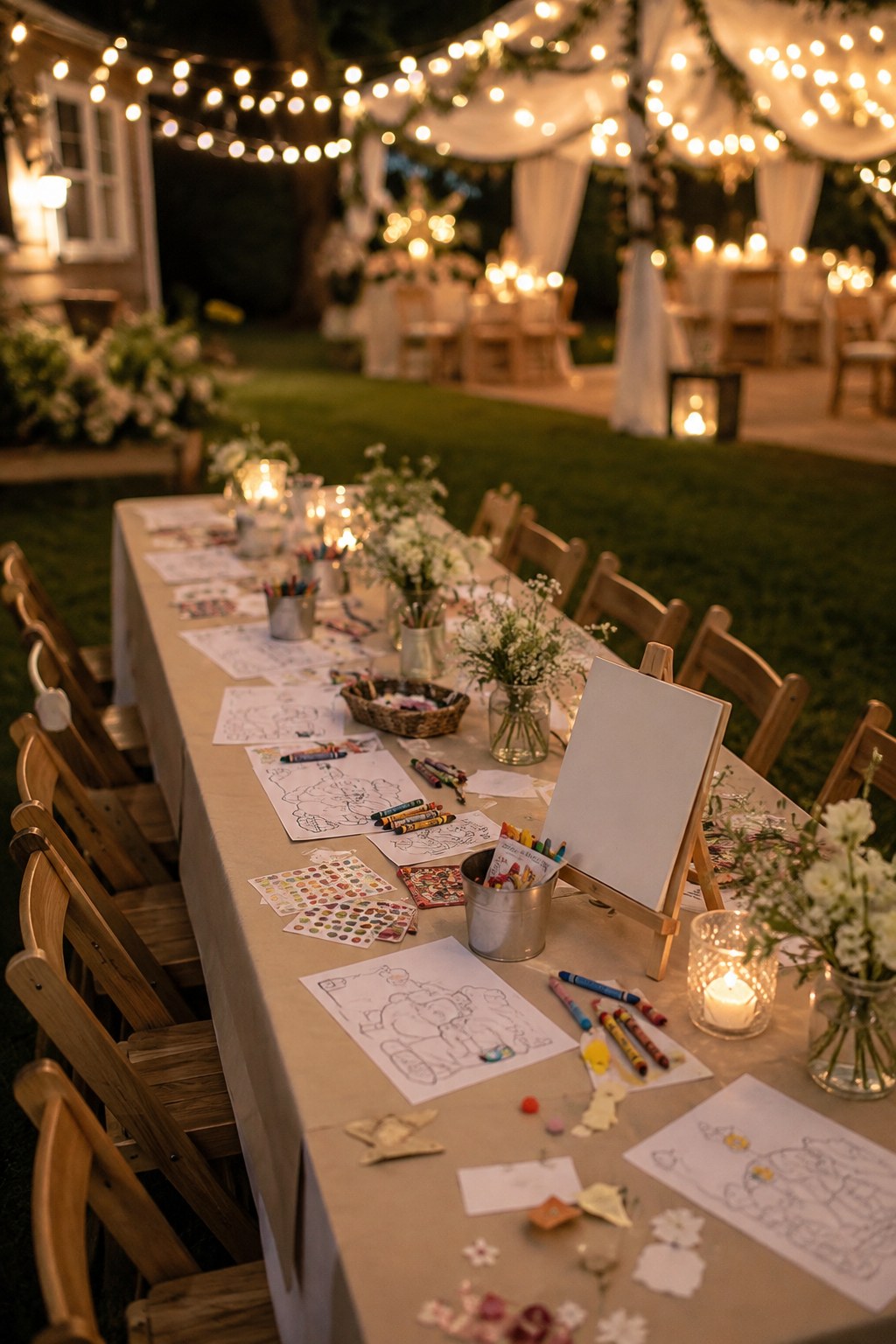 A coloring and activity table keeps young guests happy during an intimate backyard wedding reception.