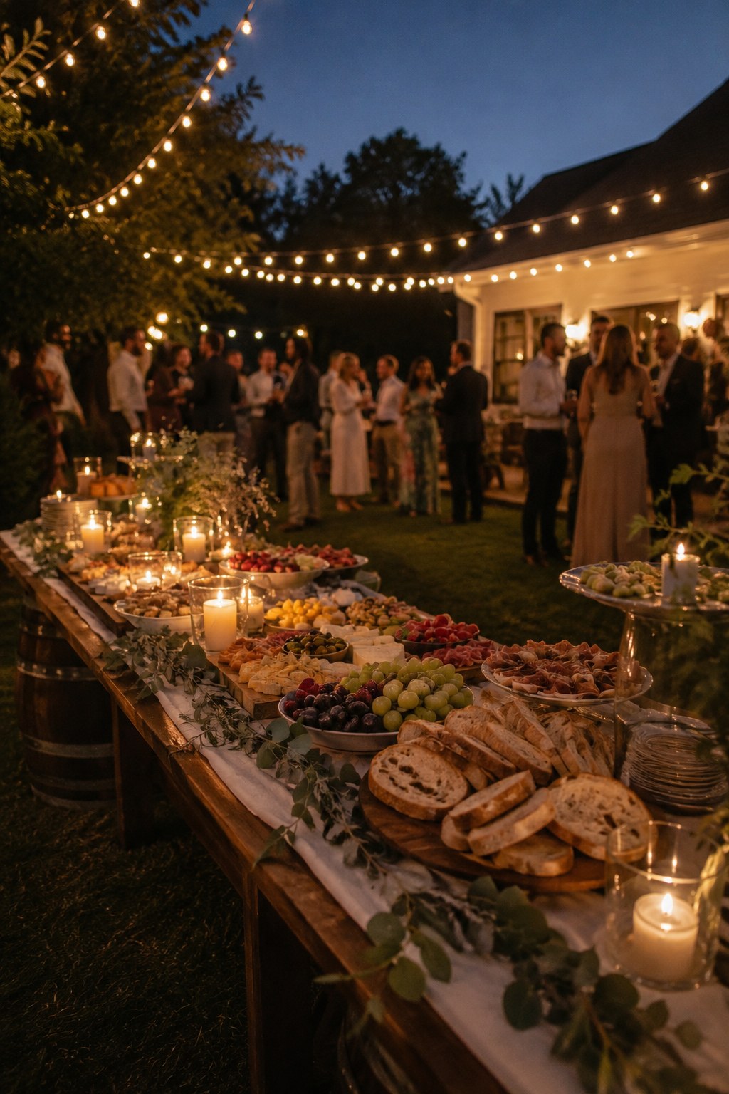 A grazing table spread anchors cocktail hour at this intimate backyard wedding reception.