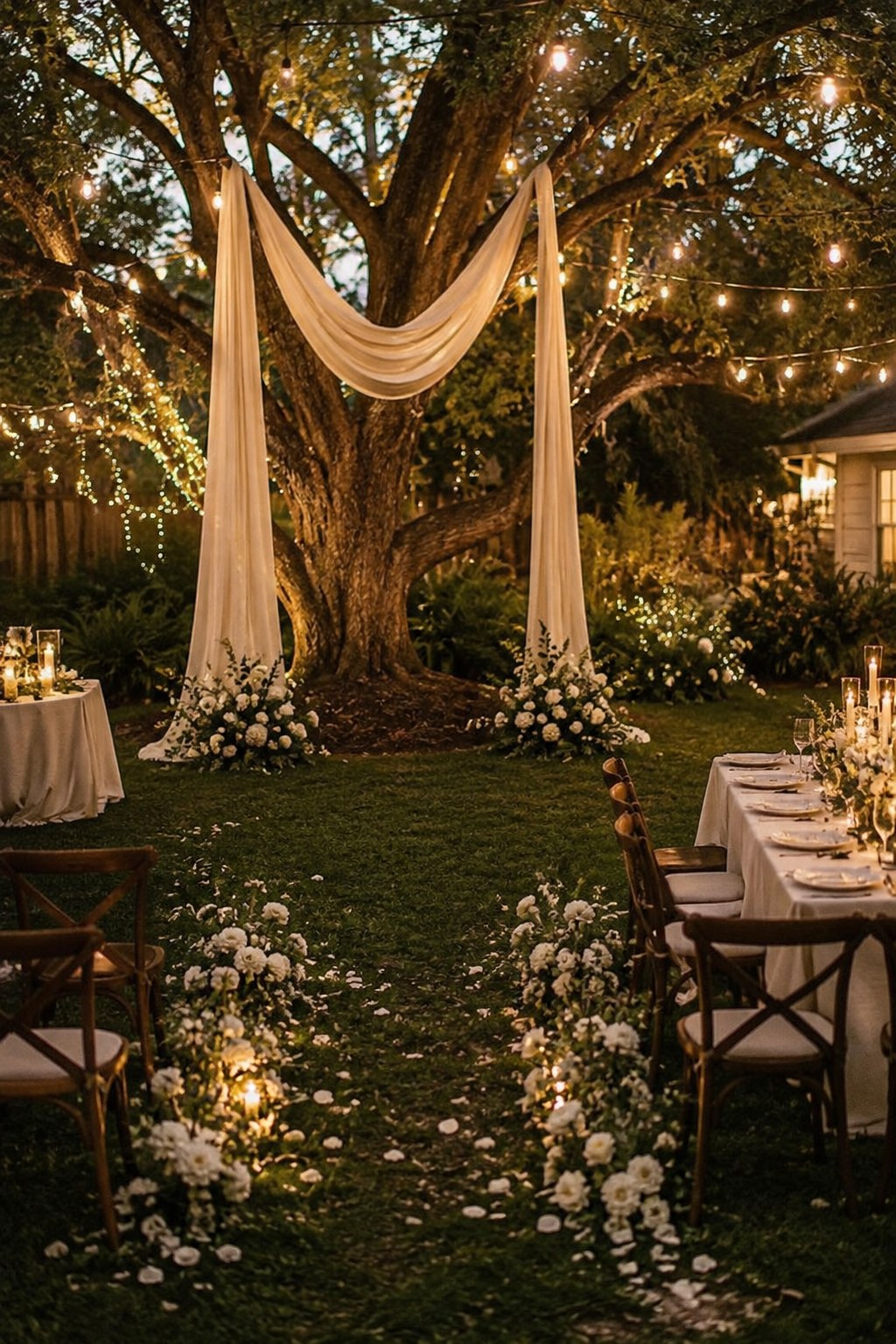 Draped ceremony arch on a live oak beside dinner tables at an intimate backyard wedding reception.