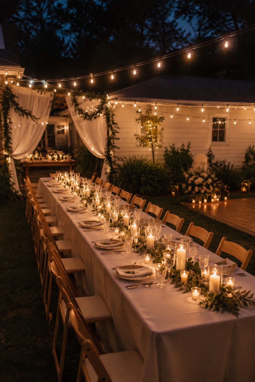 Candlelit long table with a garland runner set for an intimate backyard wedding reception at dusk.