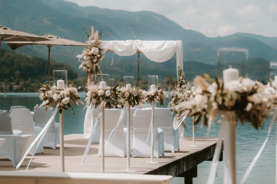 Lakeside wedding ceremony dock view