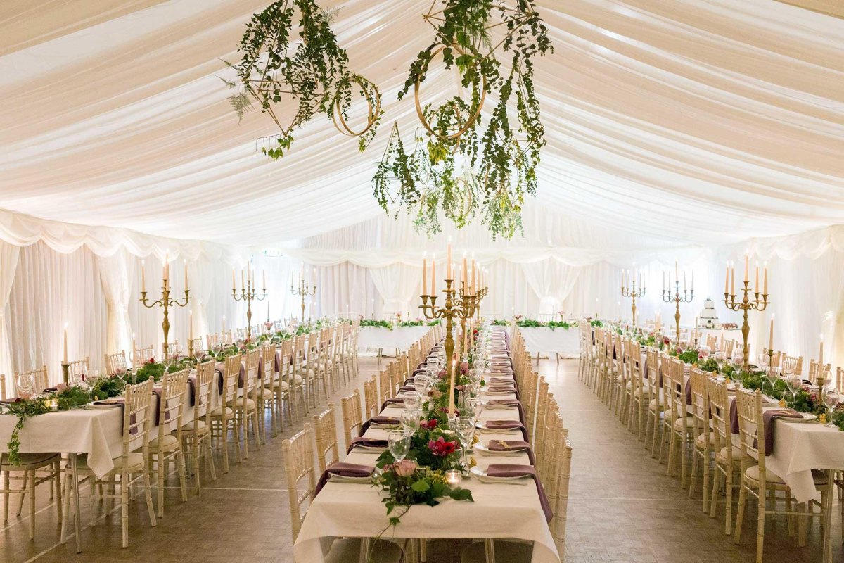 Long banquet table marquee wedding