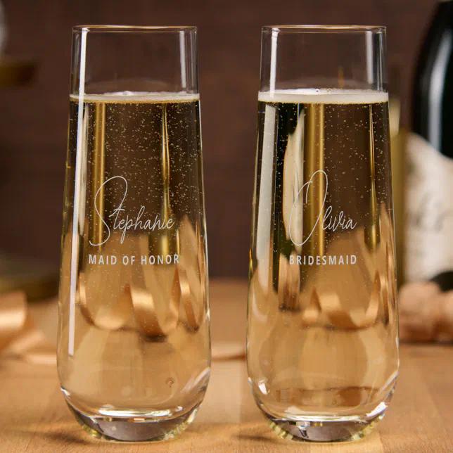 Matching bridesmaid champagne glasses