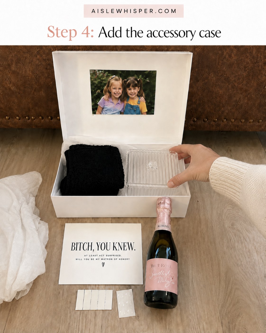 Clear textured accessory case being nestled beside socks in the proposal box