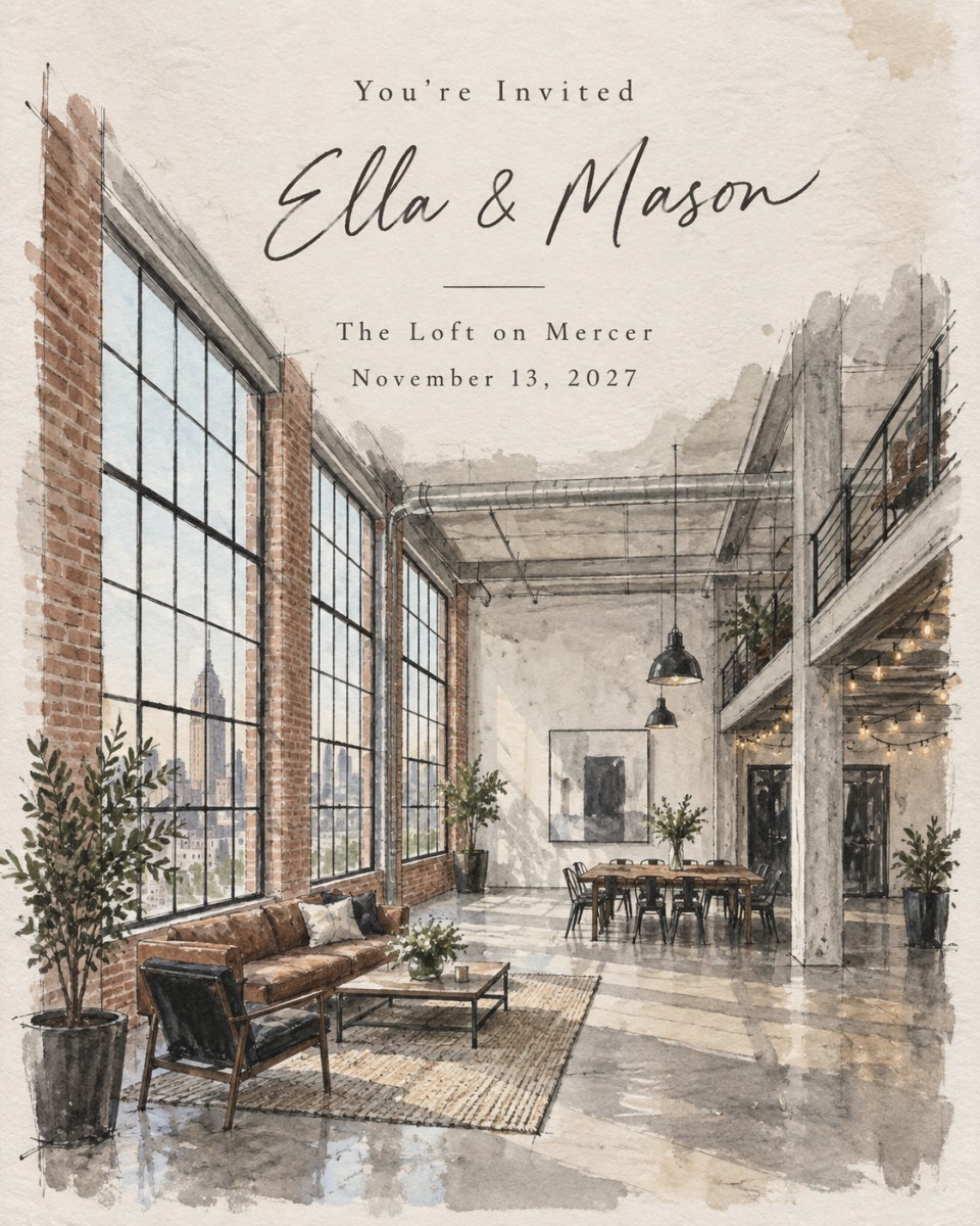 Modern loft venue invitation illustration