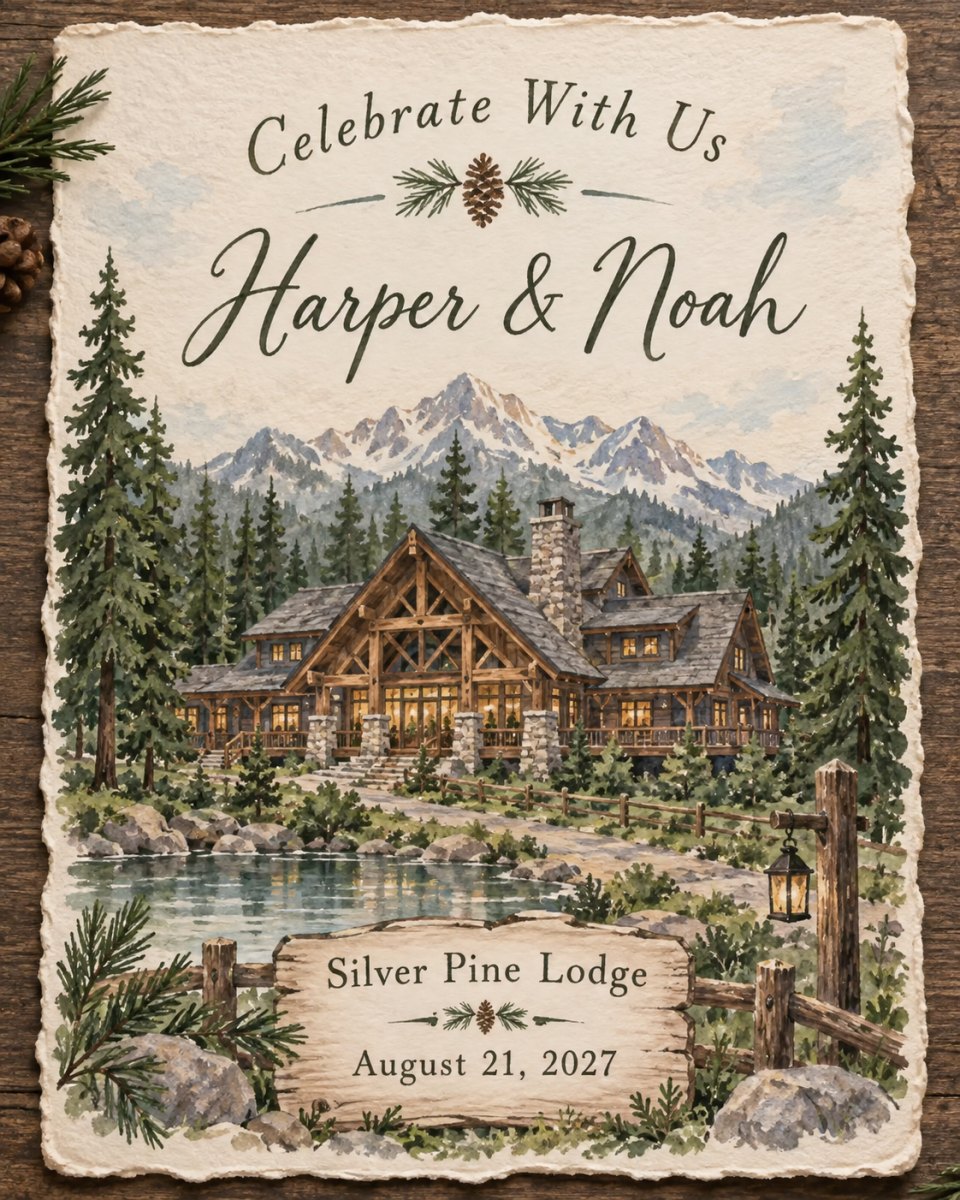 Mountain lodge venue invitation illustration