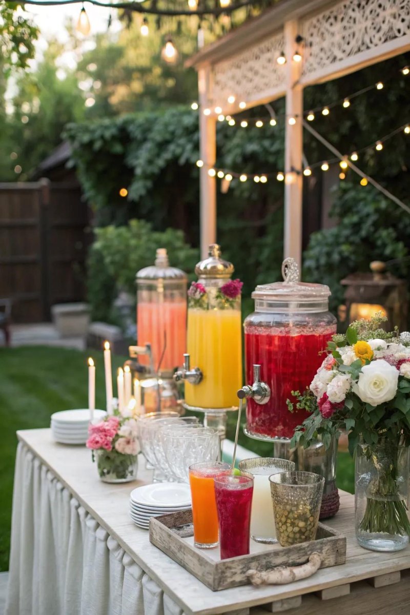 Outdoor wedding bar drink station decor