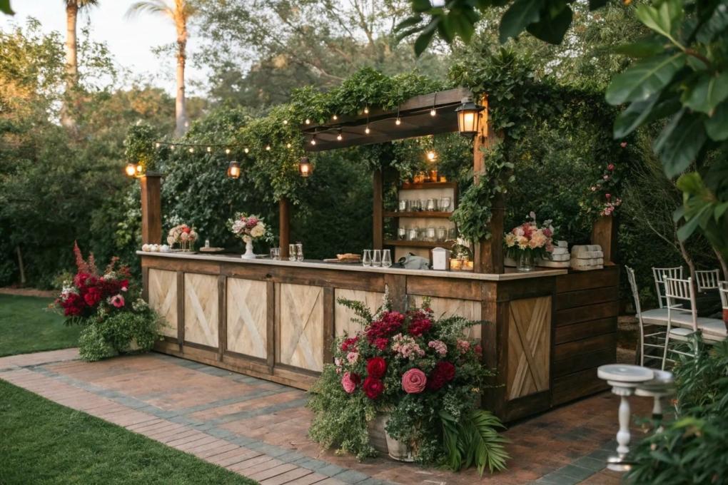 Outdoor wedding bar station setup