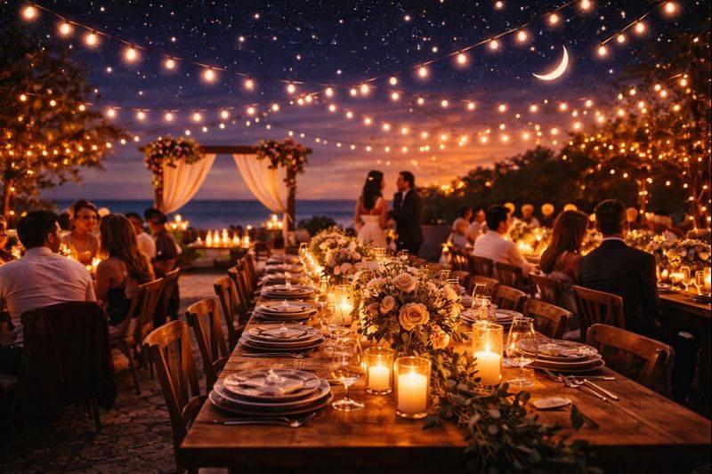 Outdoor wedding reception illuminated by candles