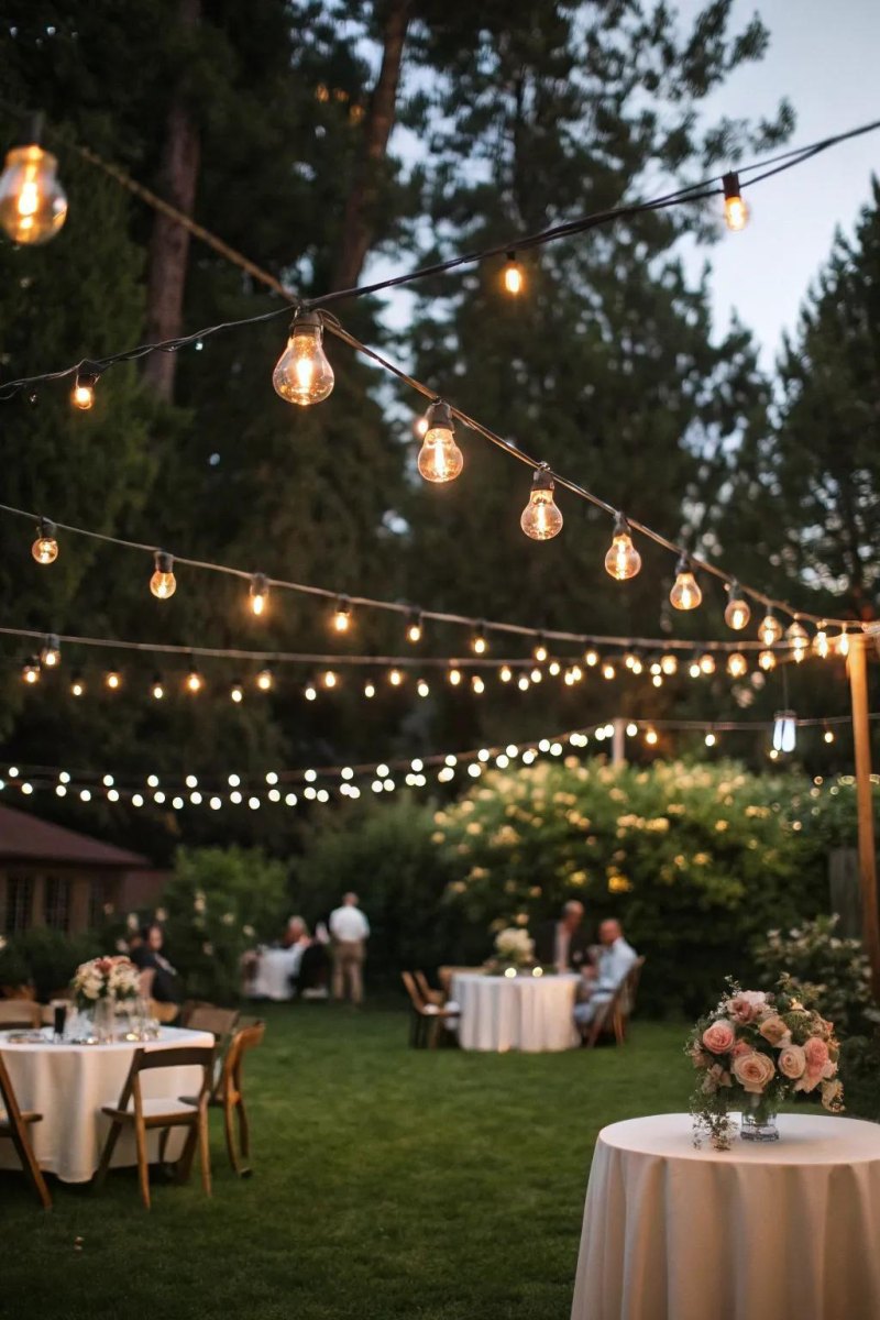 Backyard wedding string lighting setup