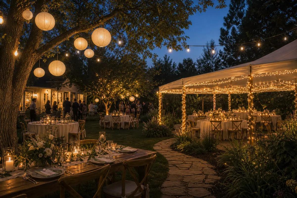 Backyard wedding with romantic string lights