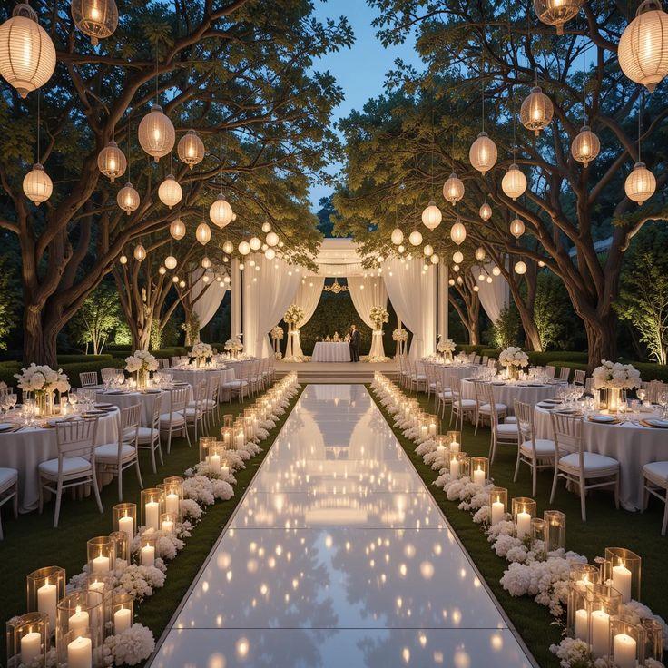 Candlelit garden wedding setting