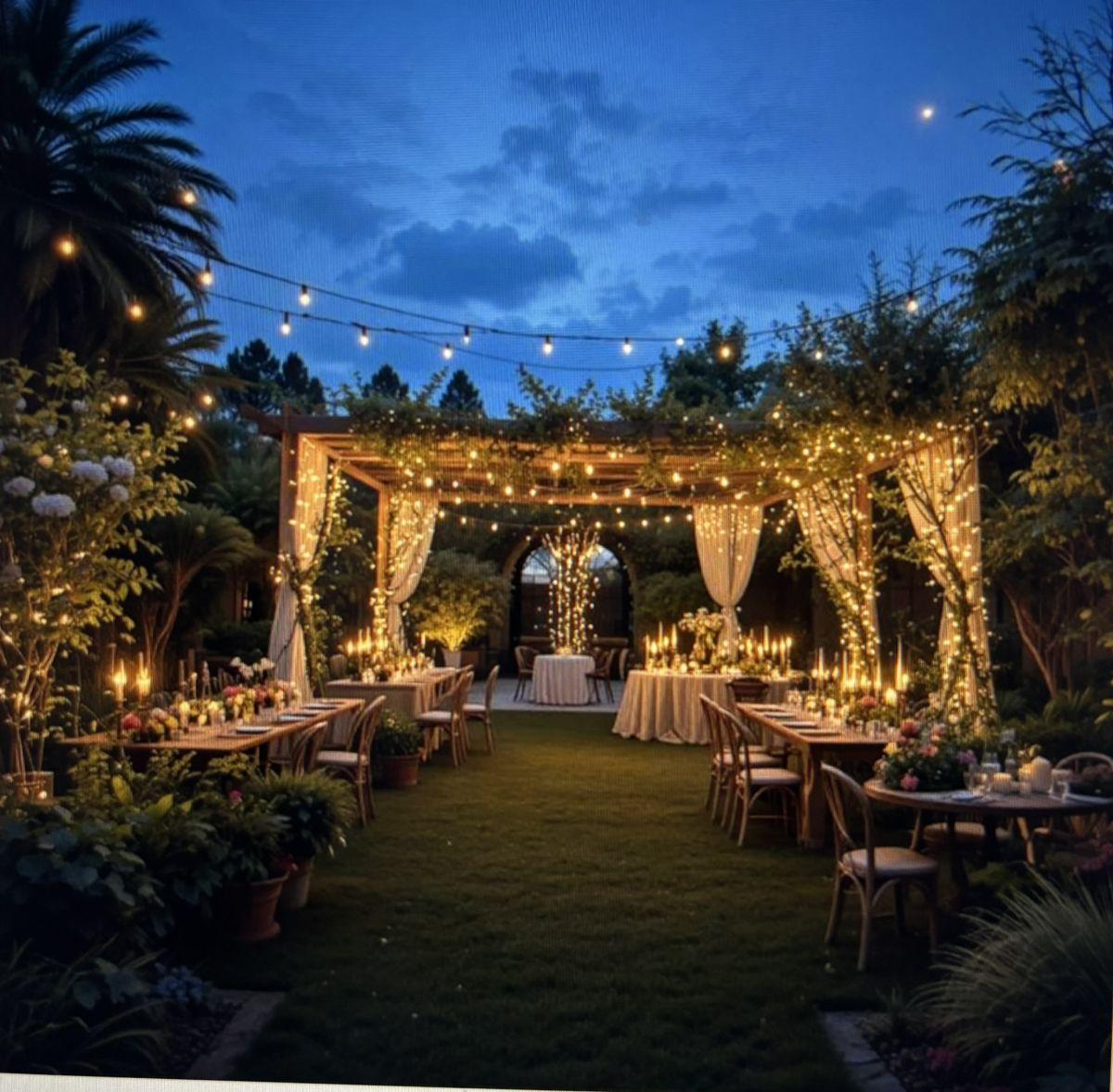 Backyard wedding with romantic fairy lights