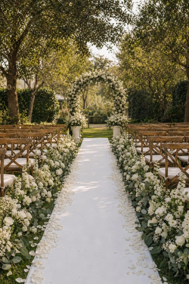 Decorated garden wedding aisle