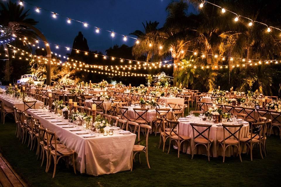 Wedding reception with romantic string lights