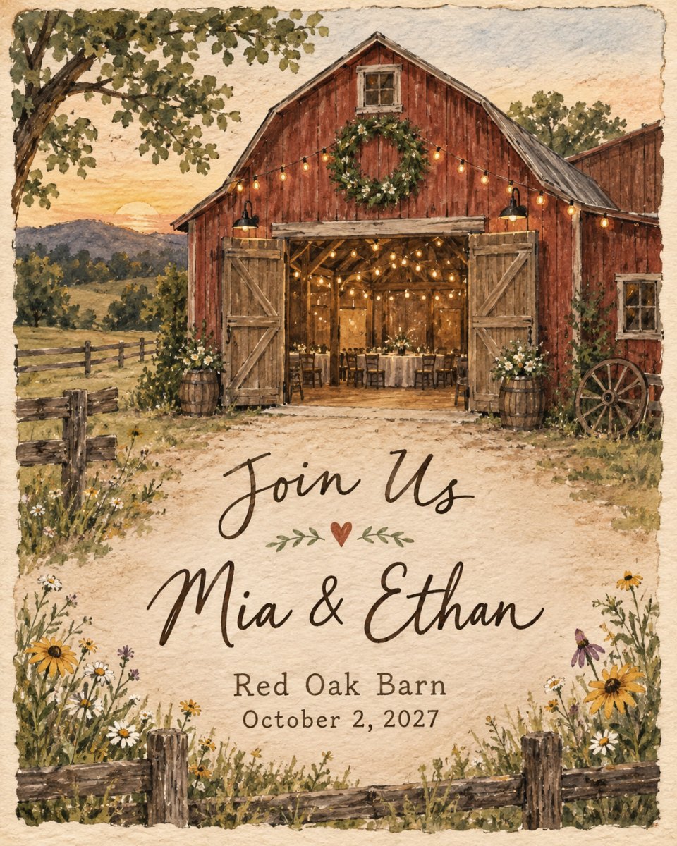 Rustic barn venue invitation illustration