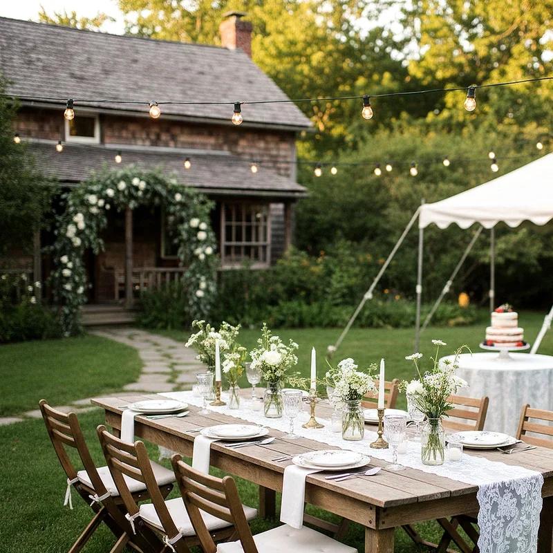 Rustic farmhouse backyard wedding setting