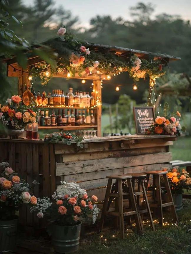 Rustic wooden backyard wedding bar