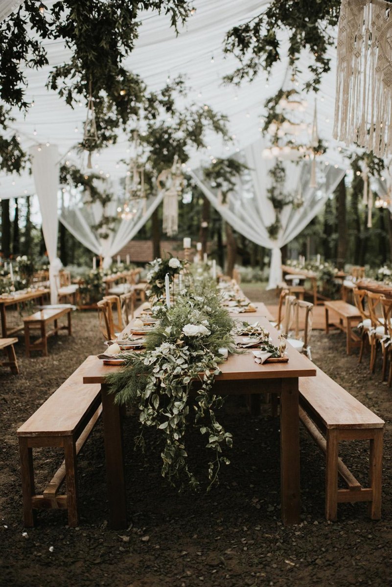 Rustic woodland wedding marquee setup
