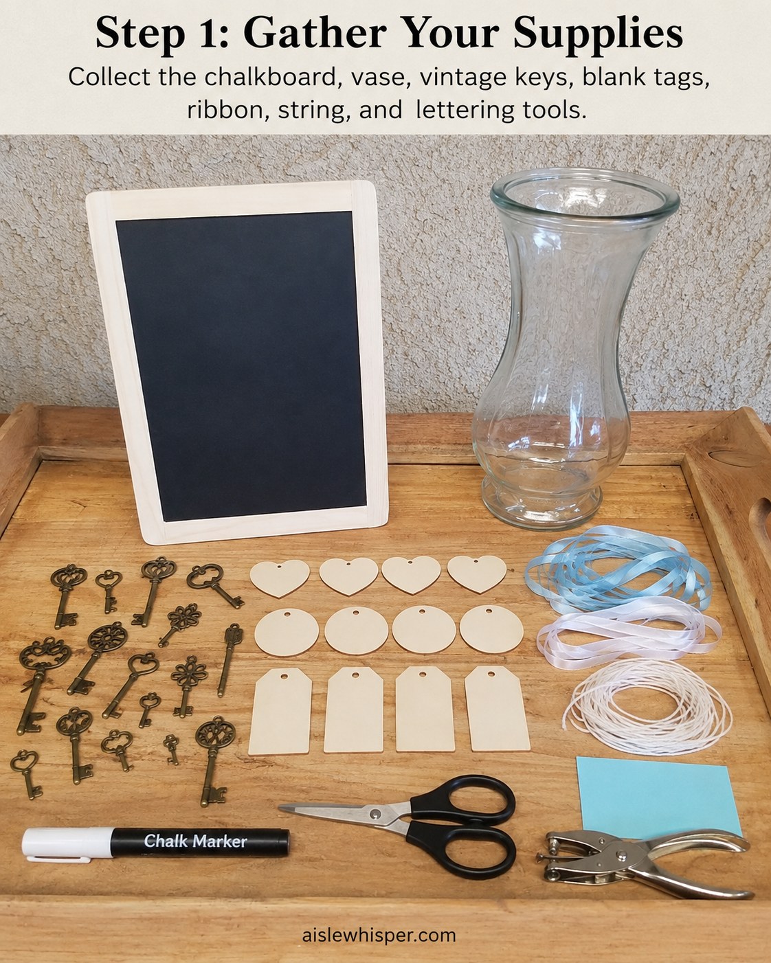 Craft supplies for a small wedding ideas on a budget favor: chalkboard, vase, vintage keys, ribbon, and tags