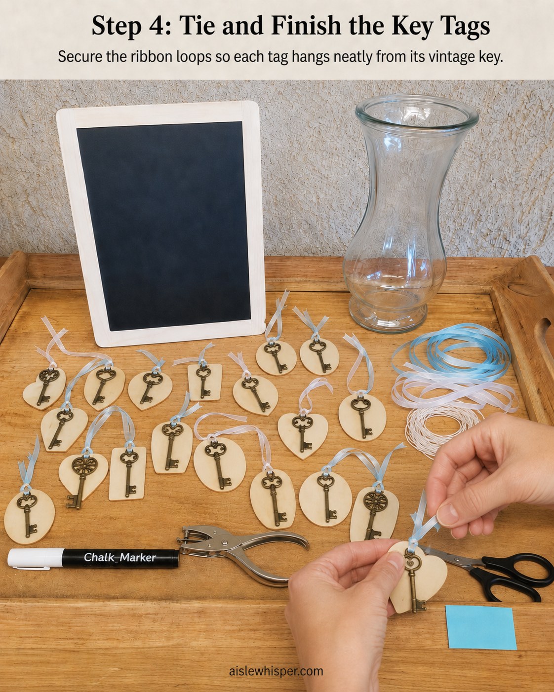Finished ribbon knots securing vintage keys to wooden tags, a budget-friendly small wedding favor idea