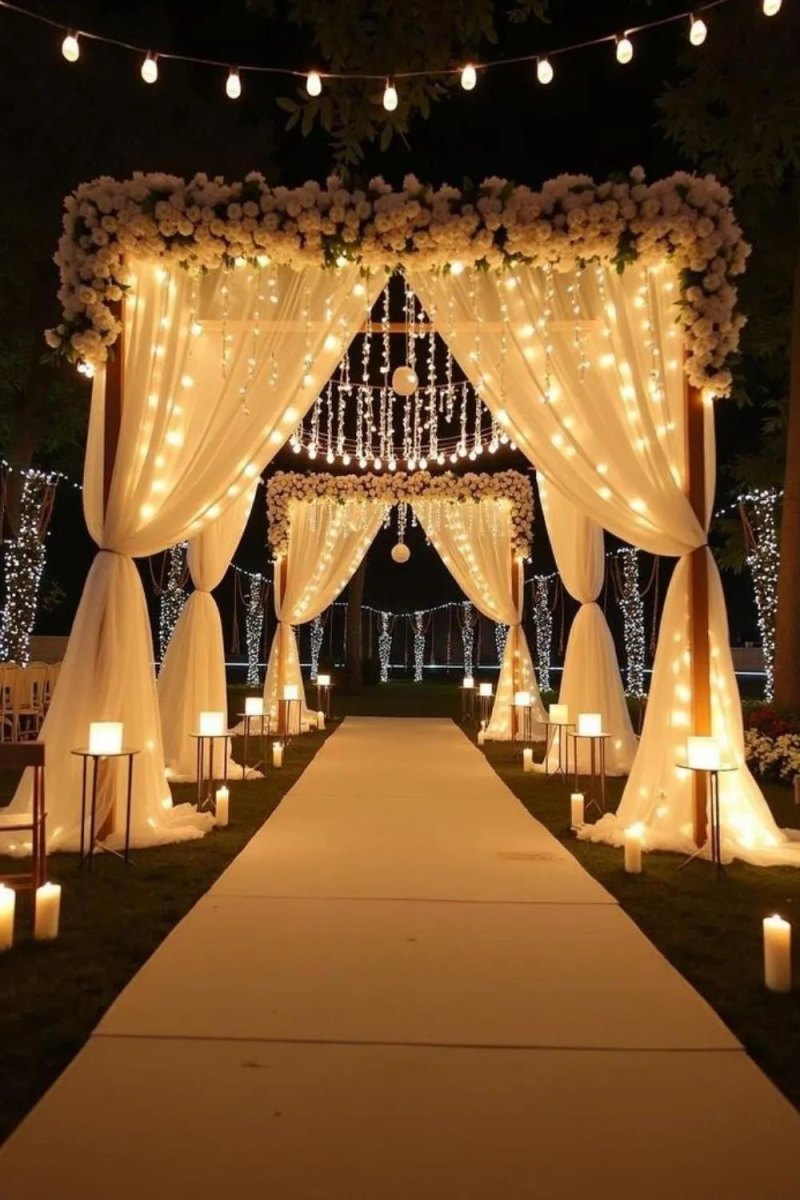 Luxury backyard wedding entrance pathway