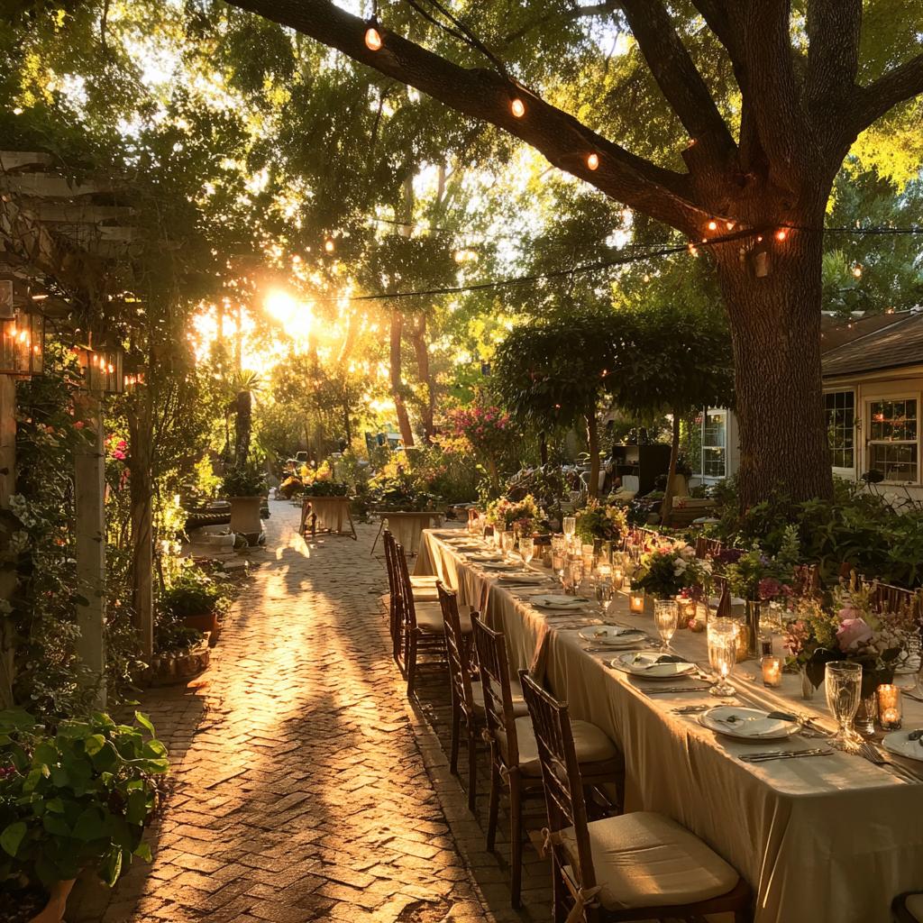 Sunset backyard wedding reception lighting