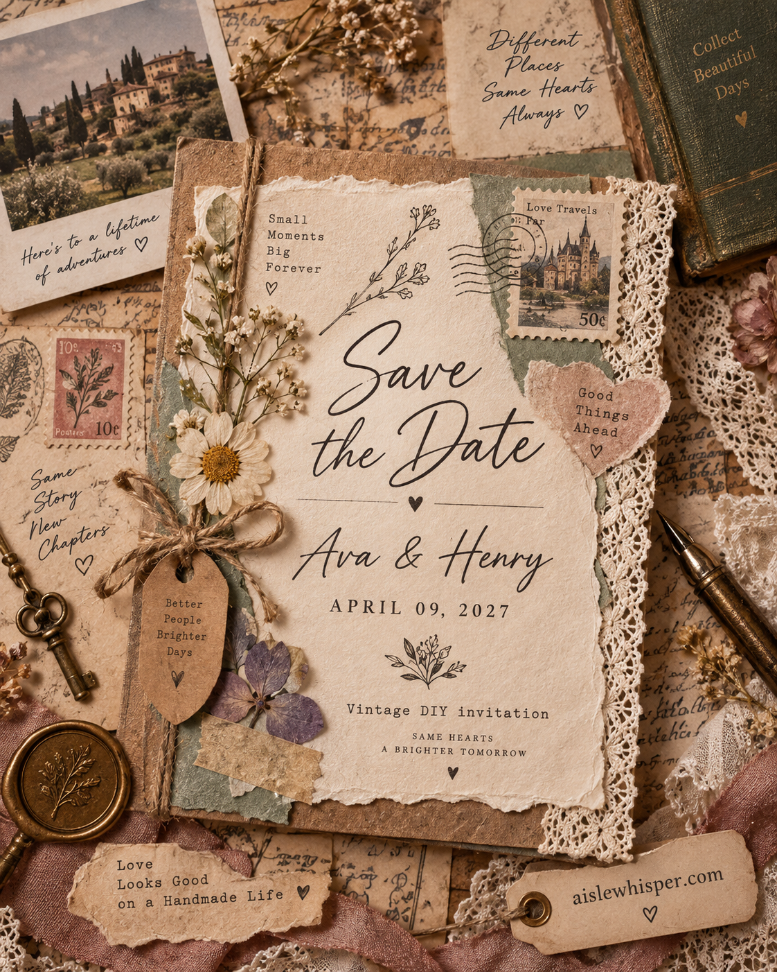 Vintage DIY invitation with craft supplies