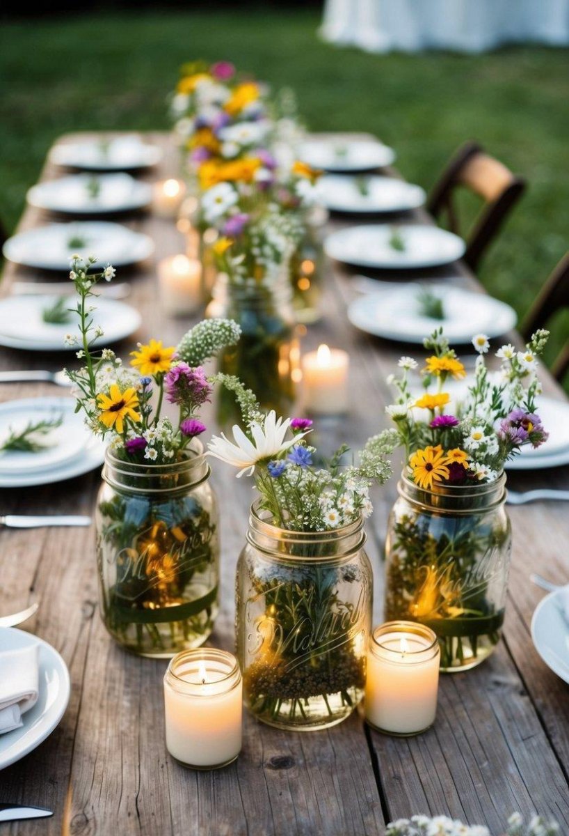 Mason jar wildflower centerpieces on reception table