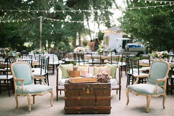 Vintage boho wedding furniture setup