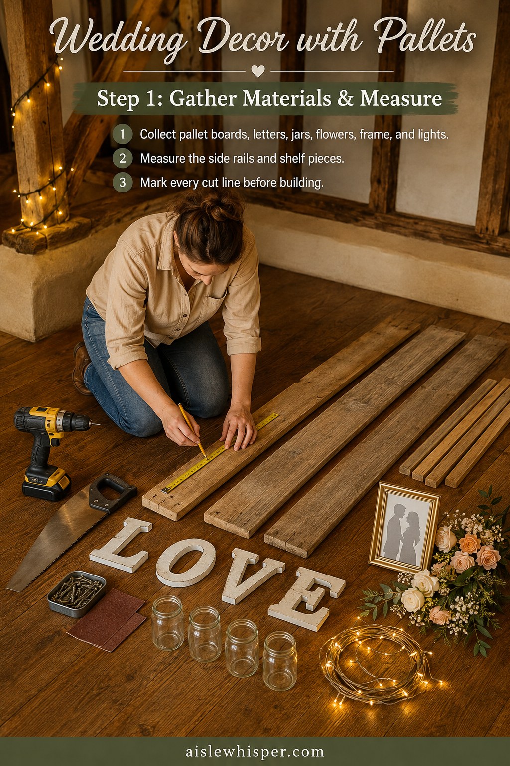 Measuring and marking pallet boards for a wedding decor with pallets ladder shelf project