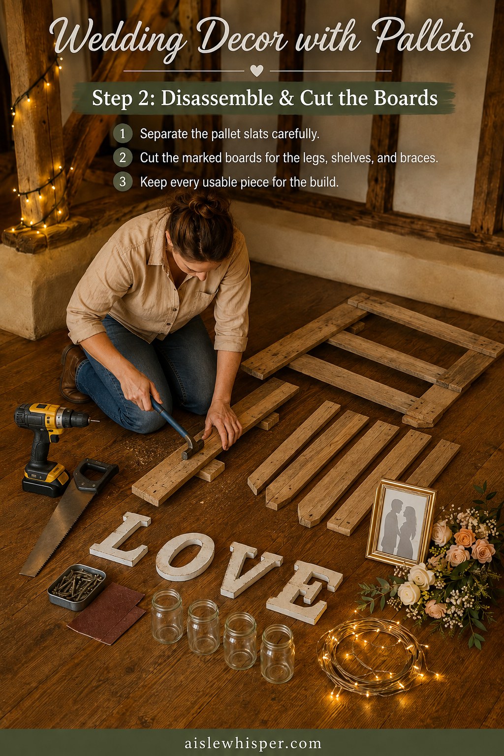 Disassembling and cutting pallet slats by hand for this wedding decor with pallets build