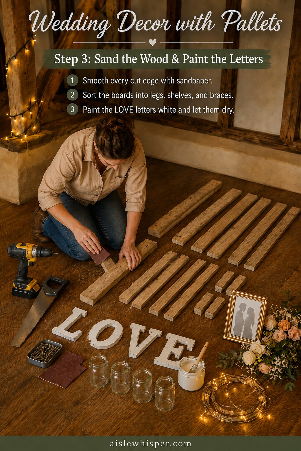 Sanding pallet wood and painting LOVE letters white for wedding decor with pallets