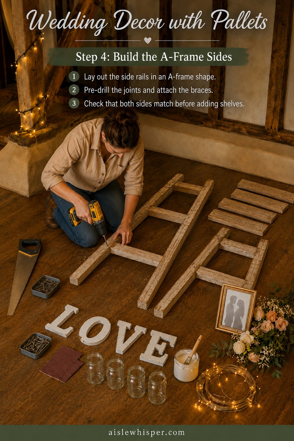 Pre-drilling and assembling the A-frame sides of a wedding decor with pallets ladder shelf