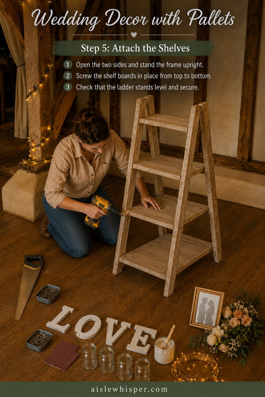 Standing the pallet A-frame upright and screwing in shelf boards for wedding decor with pallets