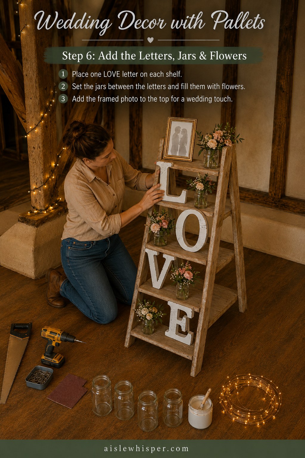 Arranging LOVE letters, mason jars and flowers on the finished wedding decor with pallets shelf